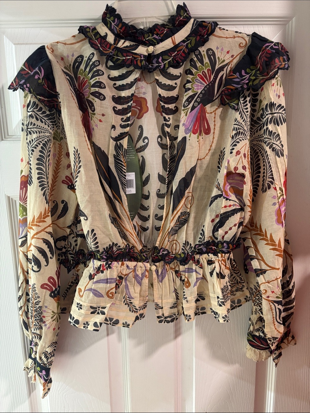 FARM Rio Cream Floral Ruffle Peplum Blouse with Pink & Green Accents - Picture 3 of 4